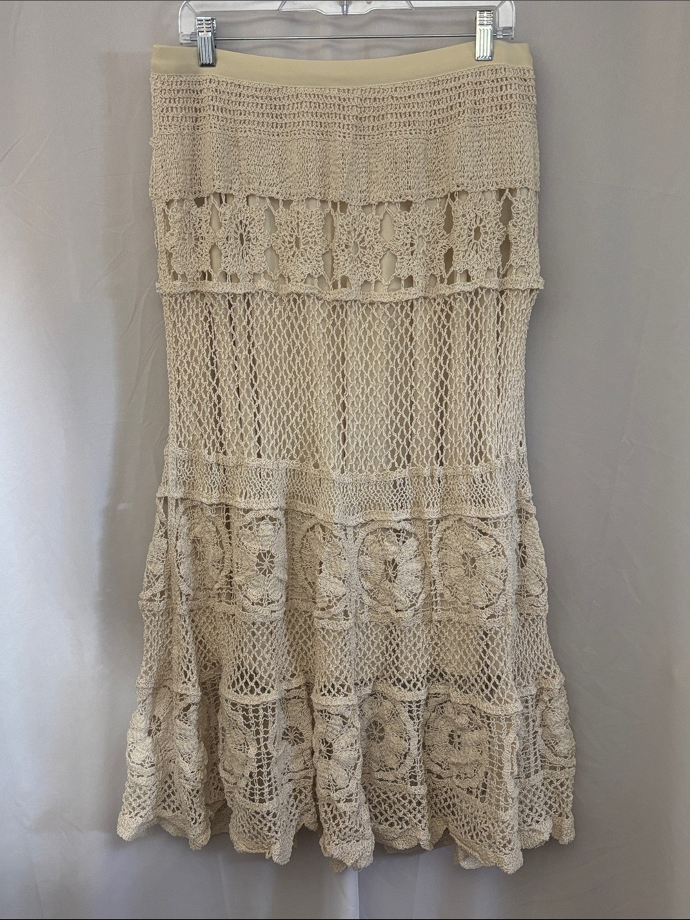 Crochet Tiered Maxi Skirt in Ivory - Fully lined Bohemian Knit Maxi